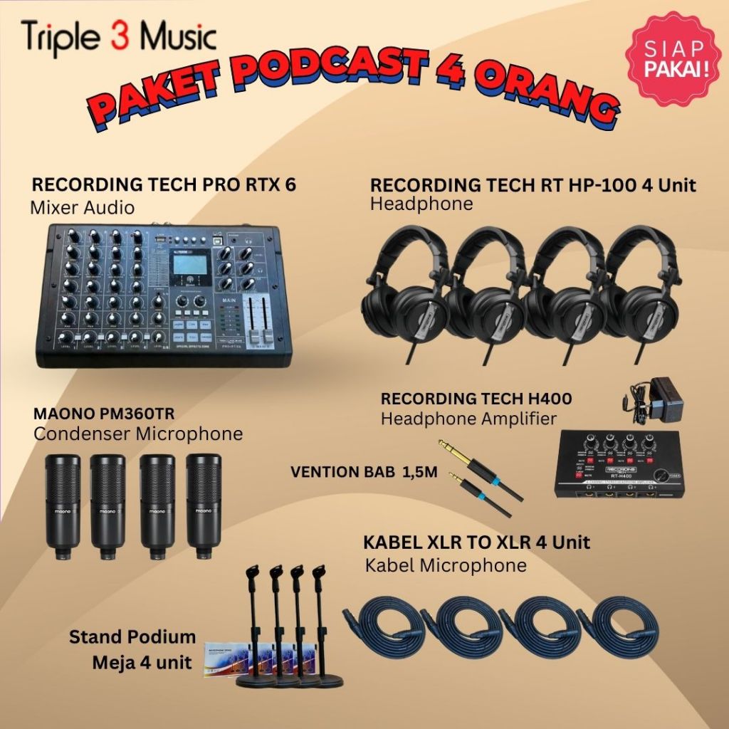 Paket Podcast 4 orang Recording tech Pro RTX6 Mixer USB WITH Headphone