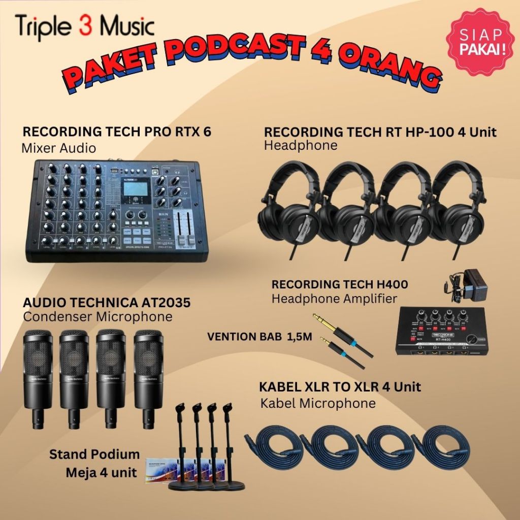 Paket Podcast 4 orang Recording tech Pro RTX6 Mixer USB WITH Headphone