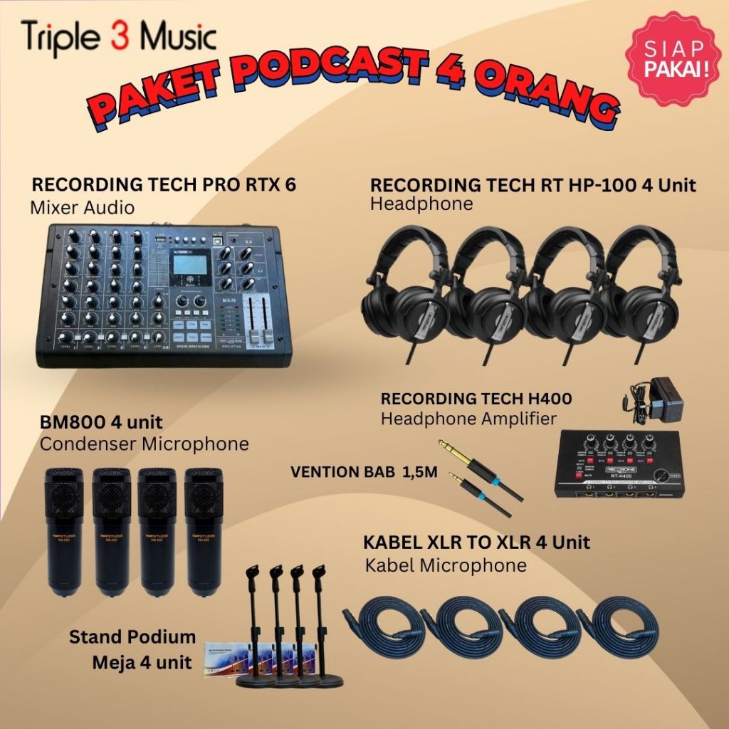 Paket Podcast 4 orang Recording tech Pro RTX6 Mixer USB WITH Headphone