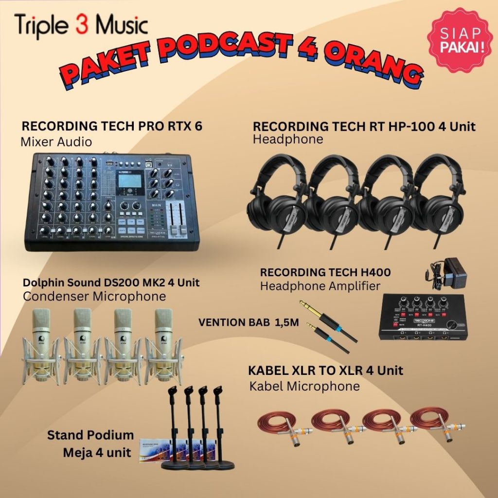 Paket Podcast 4 orang Recording tech Pro RTX6 Mixer USB WITH Headphone
