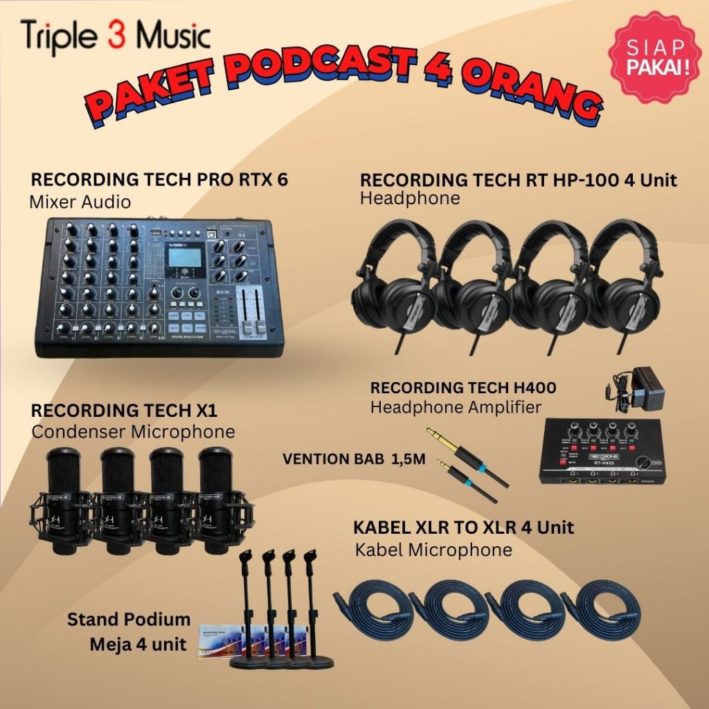 Paket Podcast 4 orang Recording tech Pro RTX6 Mixer USB WITH Headphone