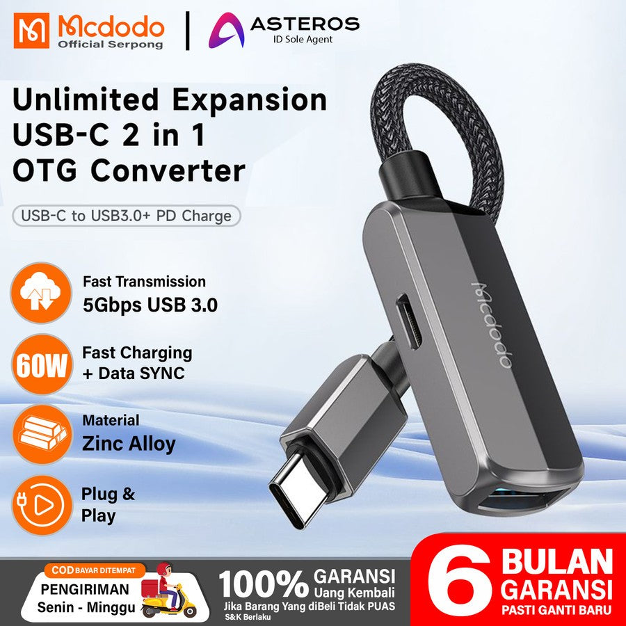MCDODO CA-2830 CA2830 Adapter OTG sambil charger USB Type C to USB C + USB 3.0 5Gbps Charging PD 60W