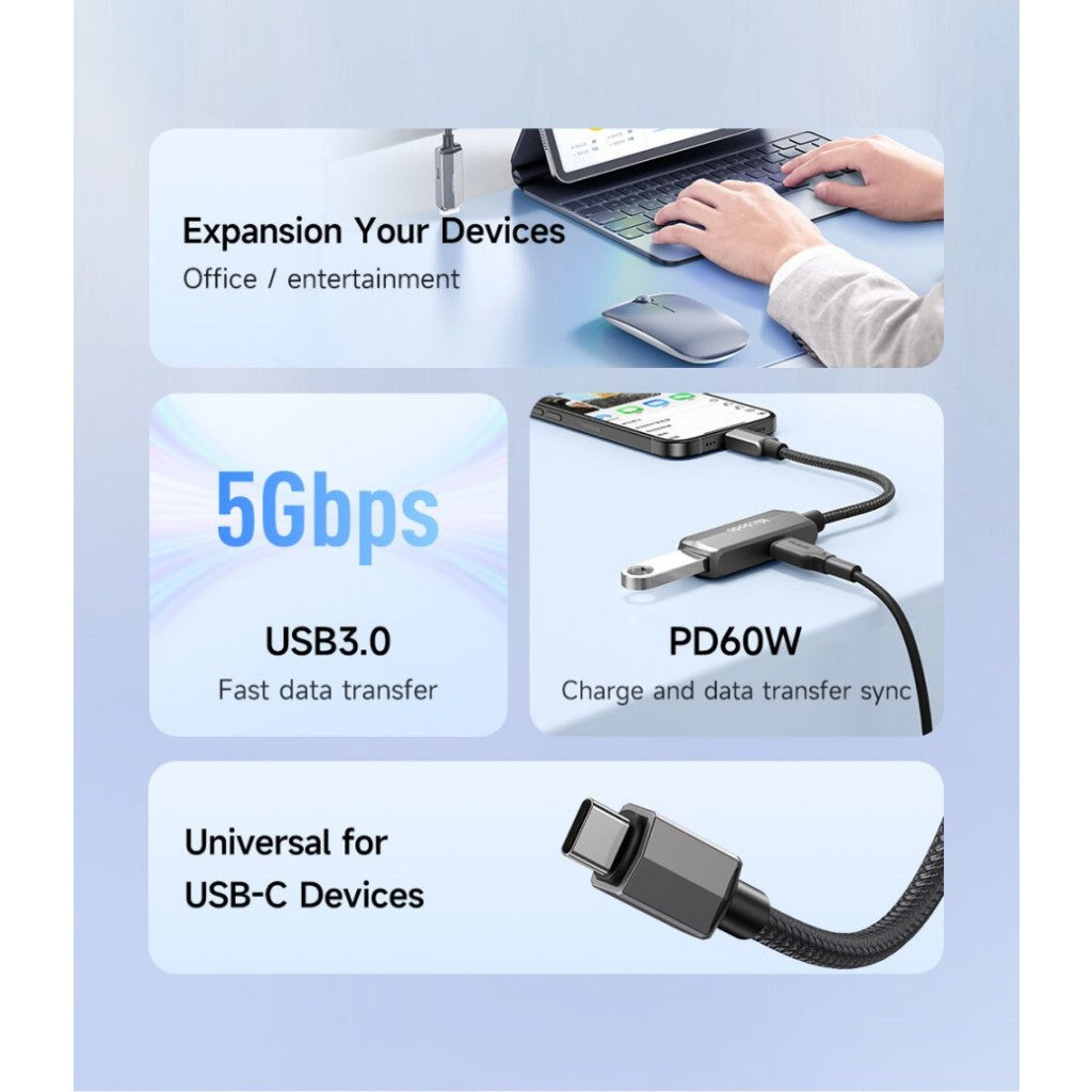 MCDODO CA-2830 CA2830 Adapter OTG sambil charger USB Type C to USB C + USB 3.0 5Gbps Charging PD 60W