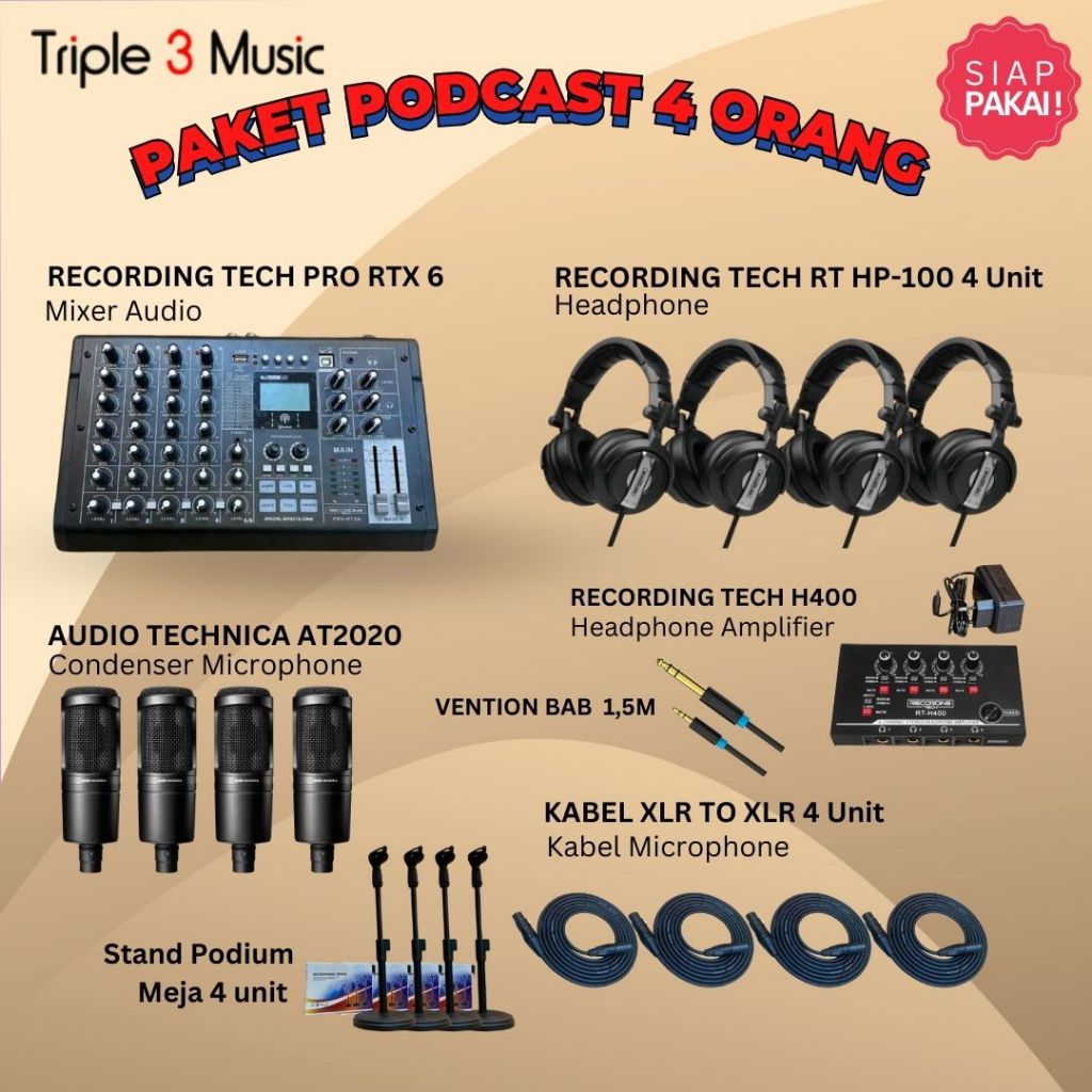 Paket Podcast 4 orang Recording tech Pro RTX6 Mixer USB WITH Headphone