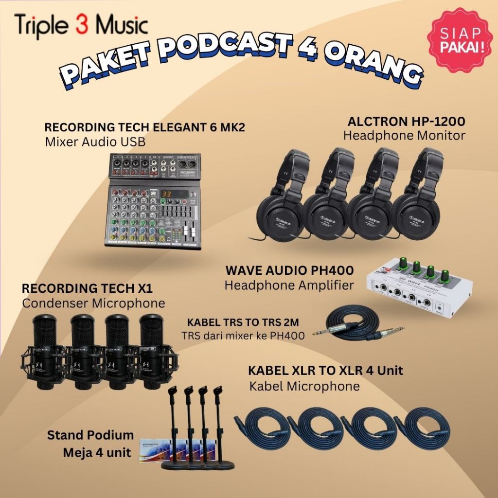 Paket Podcast 4 orang Recording Tech Elegant 6 Mixer USB w hp RT DS