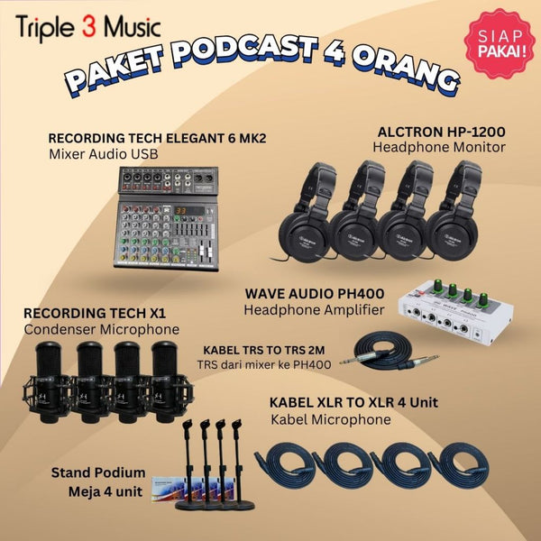 Paket Podcast 4 orang Recording Tech Elegant 6 Mixer USB w hp RT DS