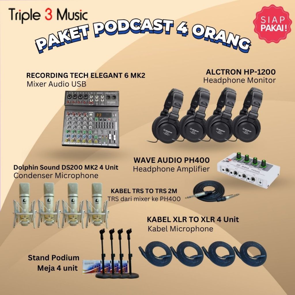 Paket Podcast 4 orang Recording Tech Elegant 6 Mixer USB w hp RT DS