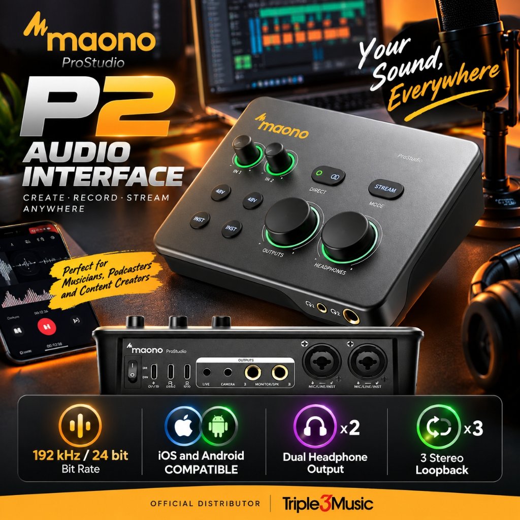 MAONO P2 USB Audio Interface 2CH 24Bit 192kHz XLR TRS 48V Phantom Power Loopback