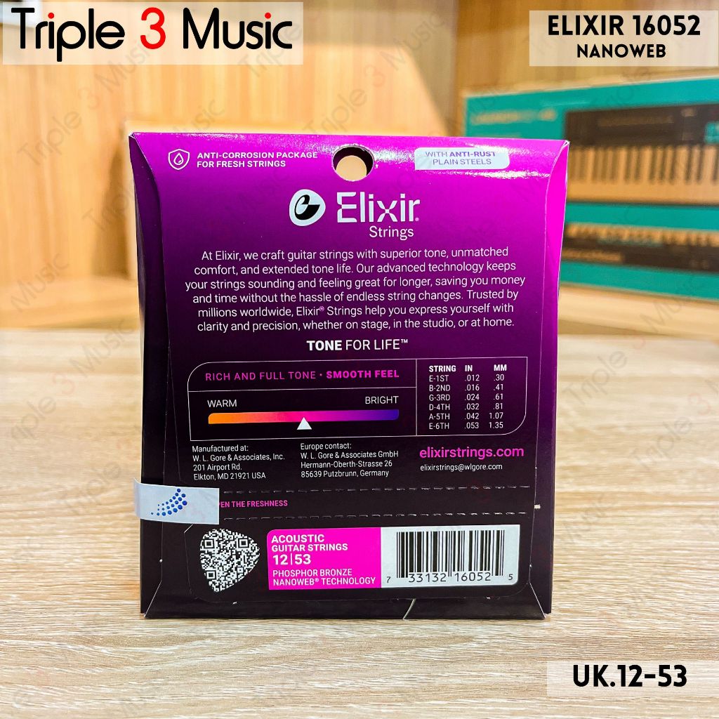 Elixir 16052 Nanoweb ORIGINAL Senar gitar Akustik 12-53 Triple3music