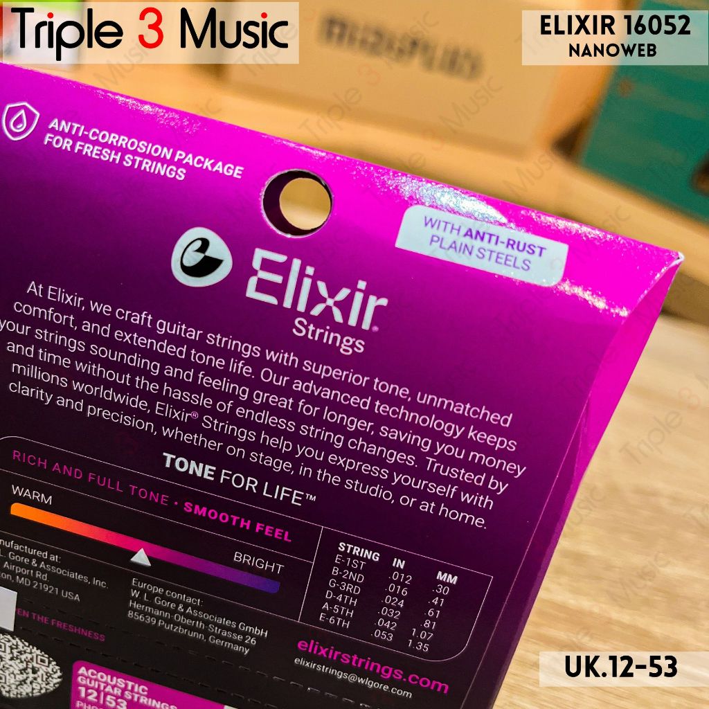 Elixir 16052 Nanoweb ORIGINAL Senar gitar Akustik 12-53 Triple3music