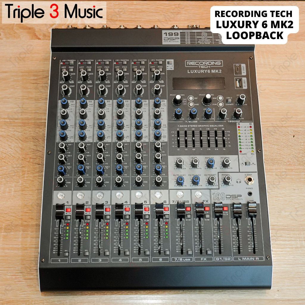 Recording tech Luxury 6 MK2 LOOPBACK VERSION 8 Input 3 aux USB MIXER Audio