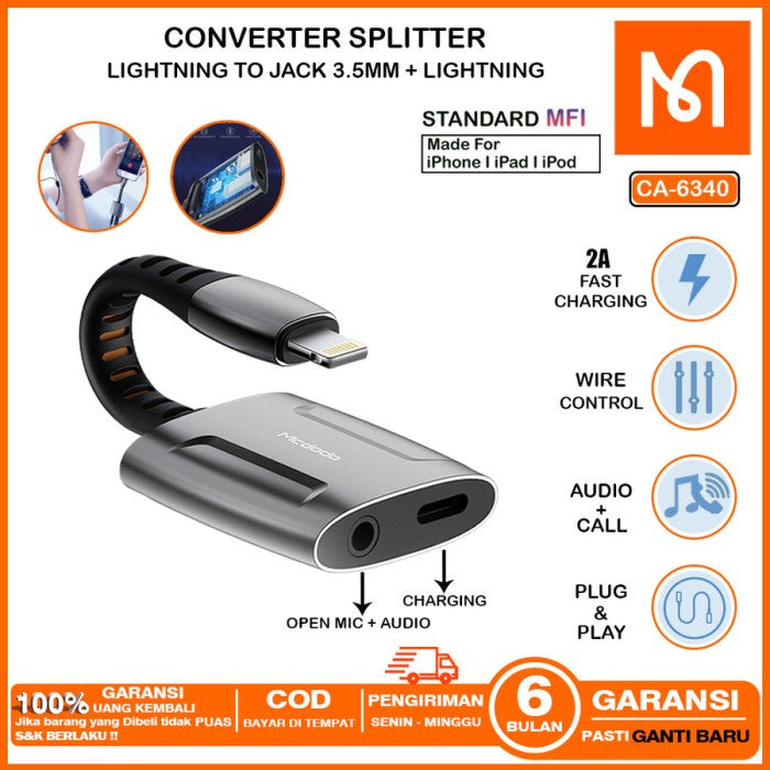 MCDODO Ca 6340 Ca6340 Iphone Splitter Lightning to Jack 3.5 Mm + Lightning Audio Open Mic